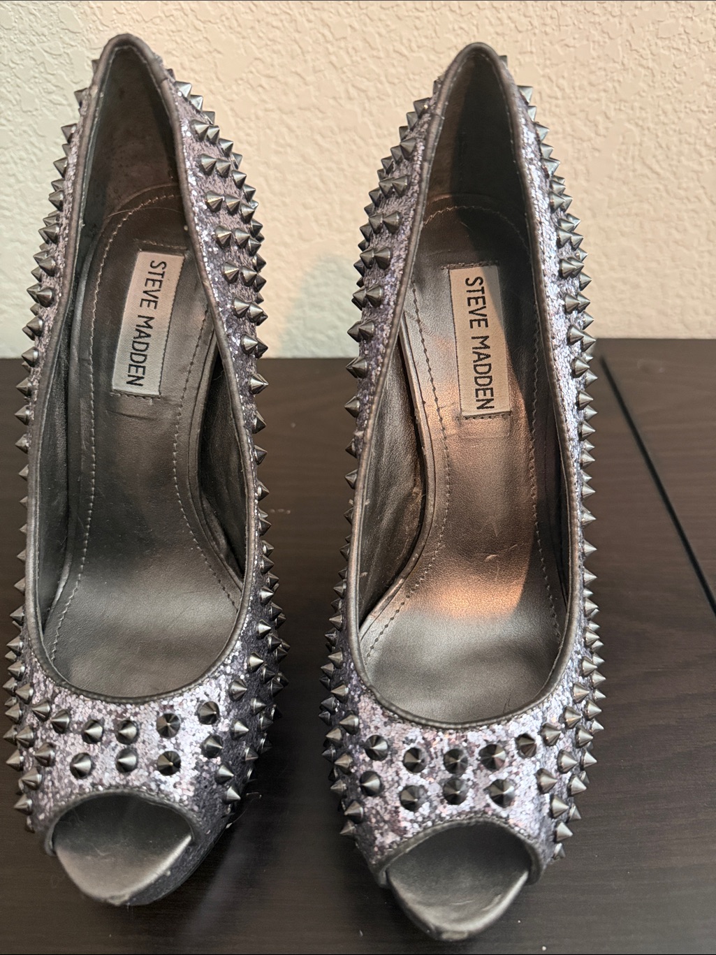 Steve Madden Metallic Silver Studded Peep-Toe Heels